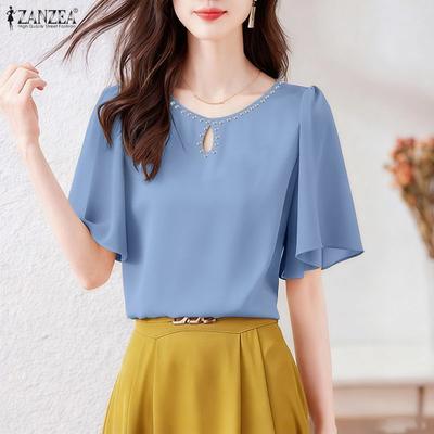 Women Summer Casual Round Neck Loose Ruffles Short Sleeve Blouse