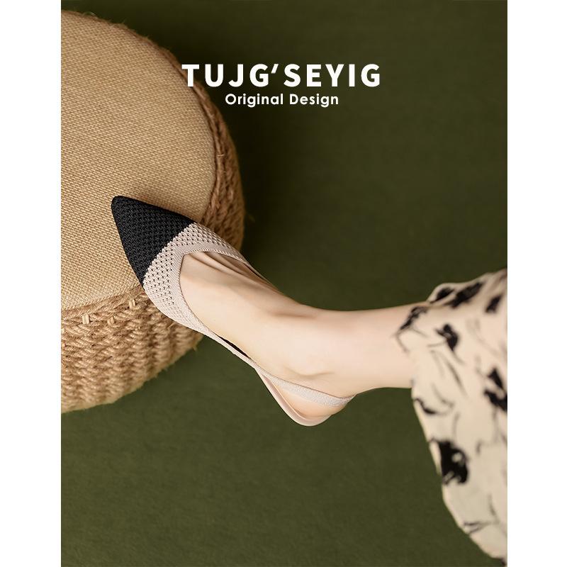 

Baotou sandals women s summer thick heel back strap pointed tip through hole breathable fly-knitting shoes knitted one-word strap high heels 34