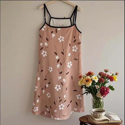 Women's Sleepdress Satin Floral Print Nightdress Comfortable Spaghetti Strap Sleepwear Dress Luxurious Satin Slip Nightdress