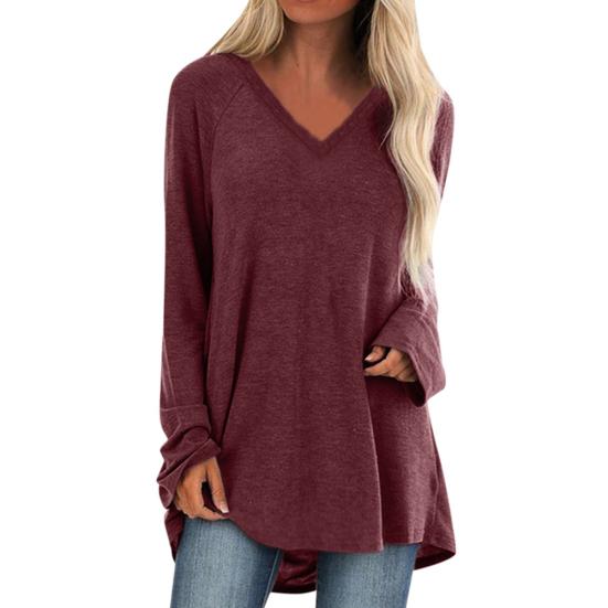 Taglie Forti Donna Tinta Unita Manica Lunga Scollo a V Pullover Largo Midi Camicetta Top