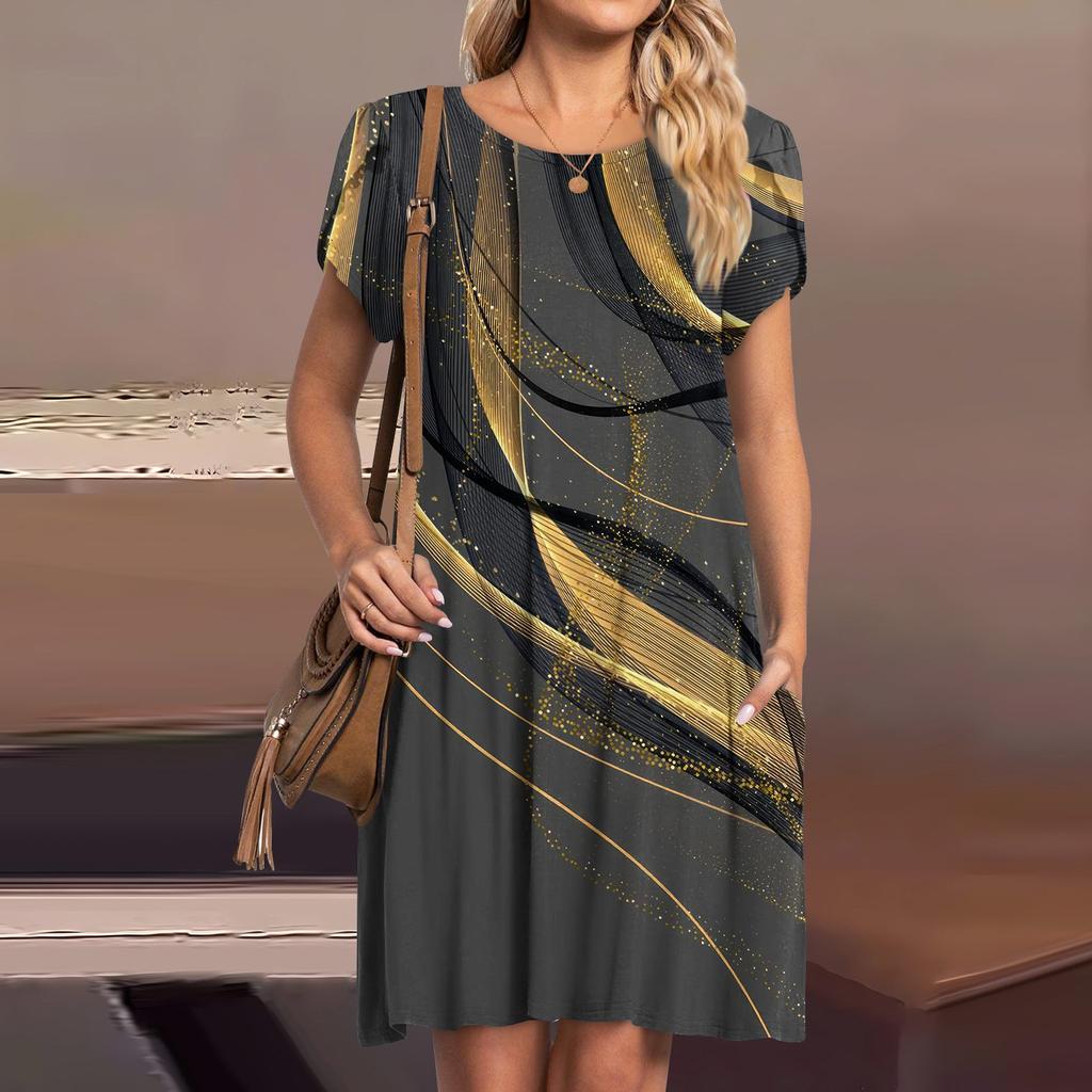 Womens Summer Short Sleeve Dresses Casual Loose Crewneck Dress Swing Comfy Beach Sundress With Pockets
