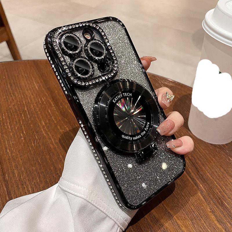 Luxury Plating Glitter Diamond Mirror Holder Bracket Cover Magnetic TPU Phone Case for iPhone 17 16 15 14 Plus 13 Pro Max 17 Air