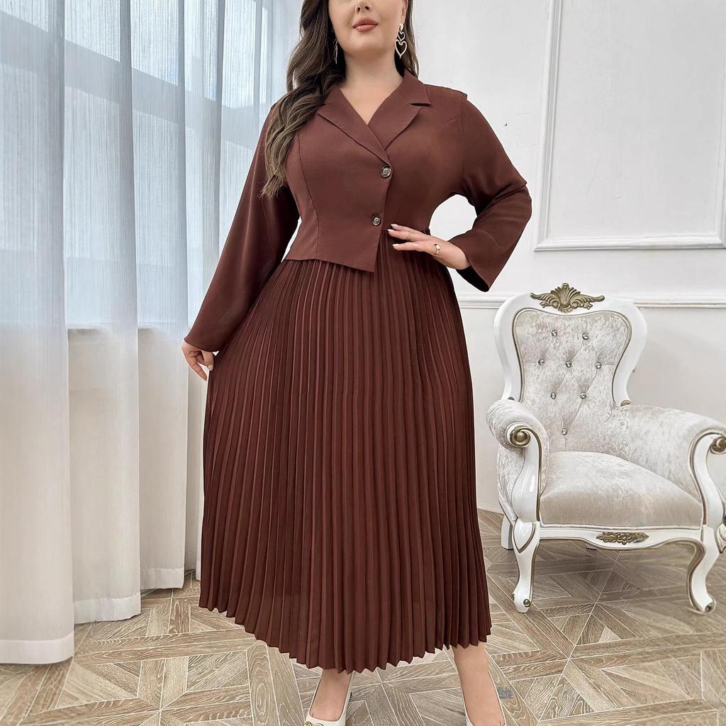 Plus Size French Lapel Long Sleeve Pleated Dress - Elegant Waist-Cinching Design