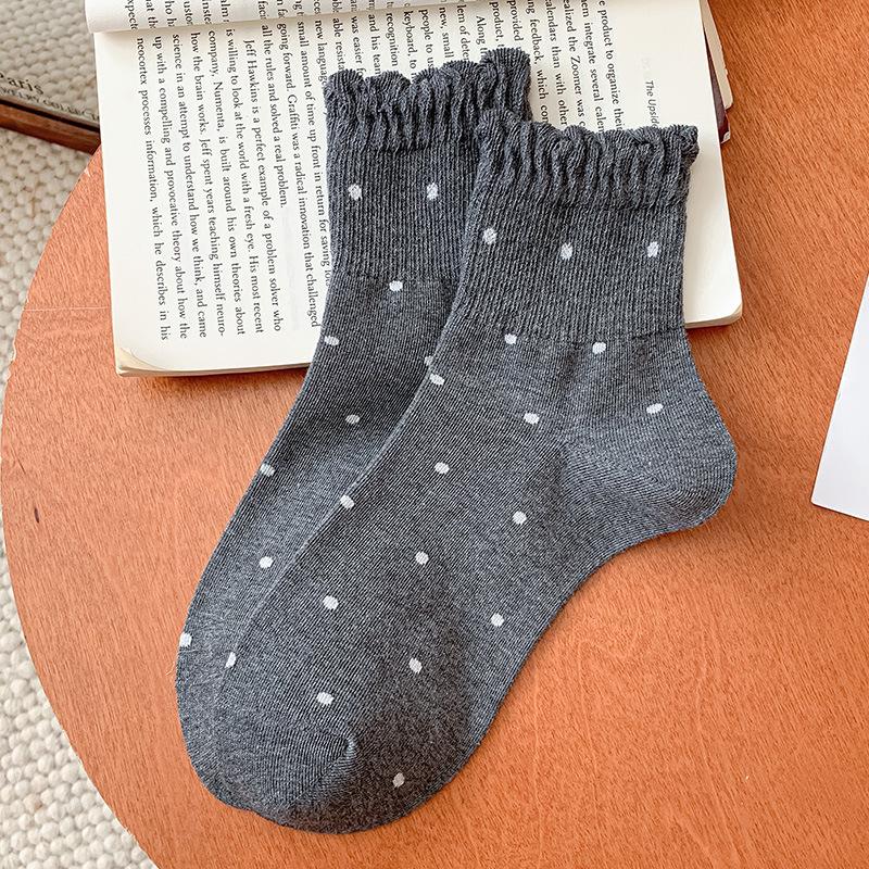 25 New Women's Mid-Calf Wood Ear Edge Polka Dot Lace Socks, Japanese Ballet Style Autumn Trend