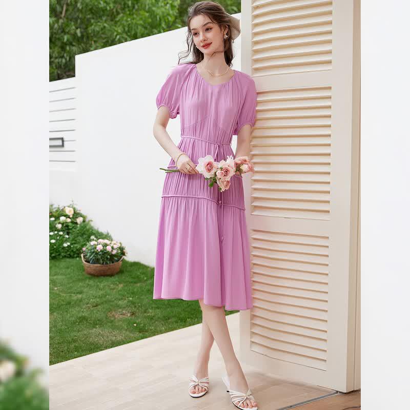 French V-Neck Pleated Maxi Dress