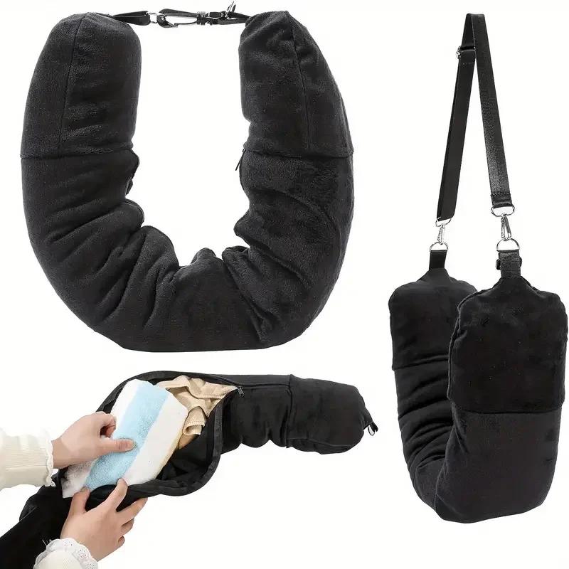 Travel Neck Pillow U-shaped, Adjustable Soft Wool Cover, Can Be Filled with Clothing for Comfort