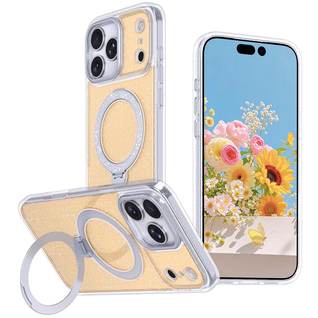 Premium Glitter Magnetic Case For iPhone 11 12 13 14 15 16 Plus Air 17 Pro Max 17e 360° Rotating Stand TPU Frame Acrylic Cover