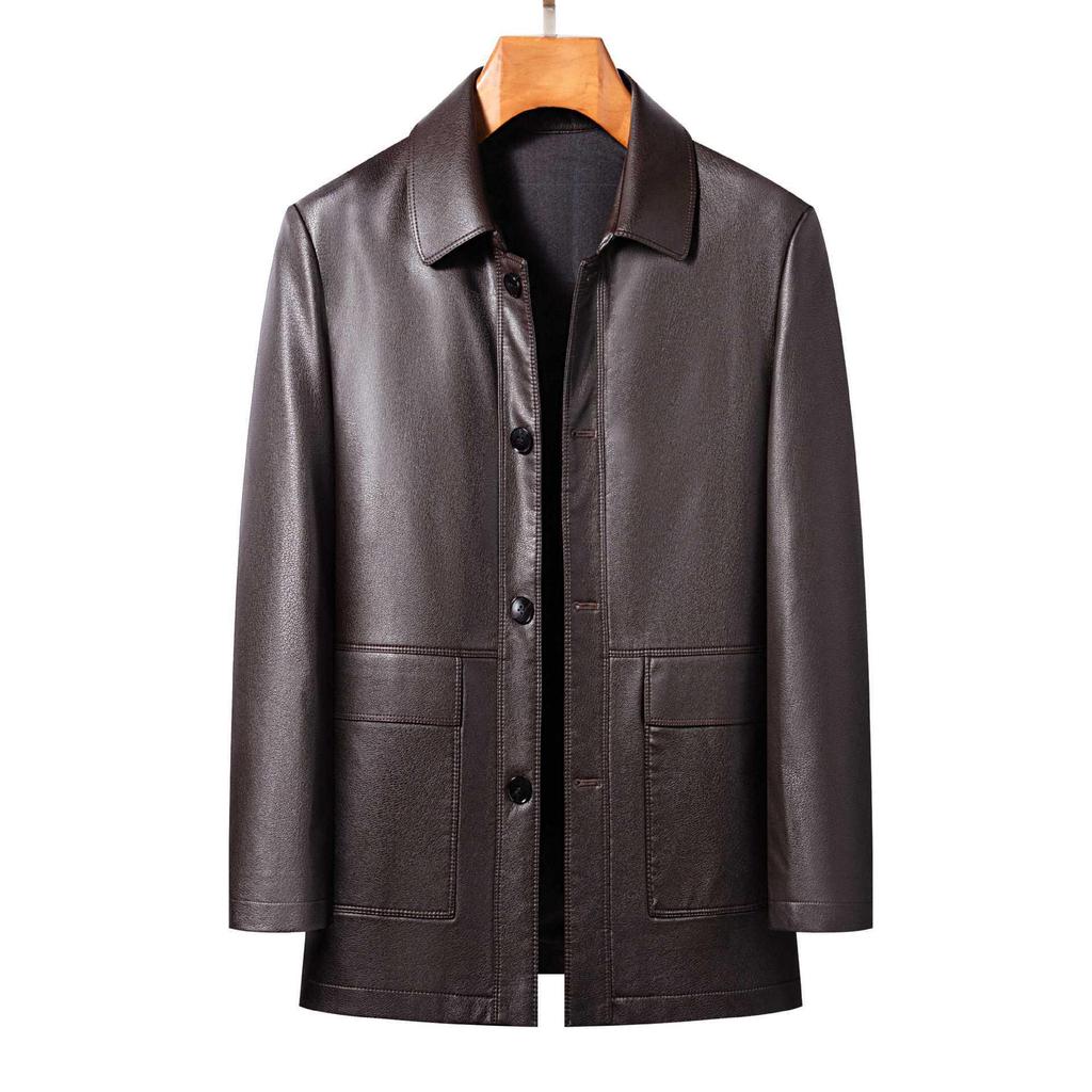 Men's Casual Sheepskin Leather Jacket: Turn-Down Collar, Ideal for Spring/Autumn, Perfect for Middle-Aged and Elderly.