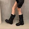 Fashion Women's Boots Belt Buckle Design Mid Calf Boots High Quality Casual Leather Botas Classic Black Fashion Boots for Women