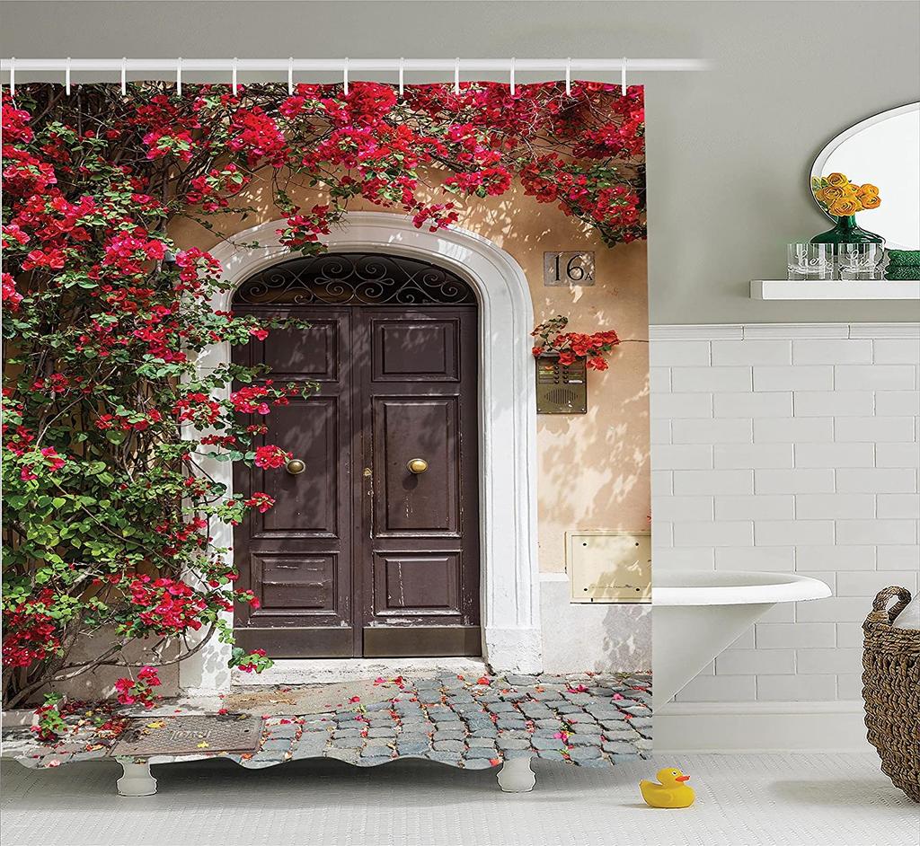 Landschaft Straße Blume Duschvorhang Retro Italienische Altstadt Architektur Floral Wasserdichtes Tuch Badezimmer Vorhänge Dekor Haken