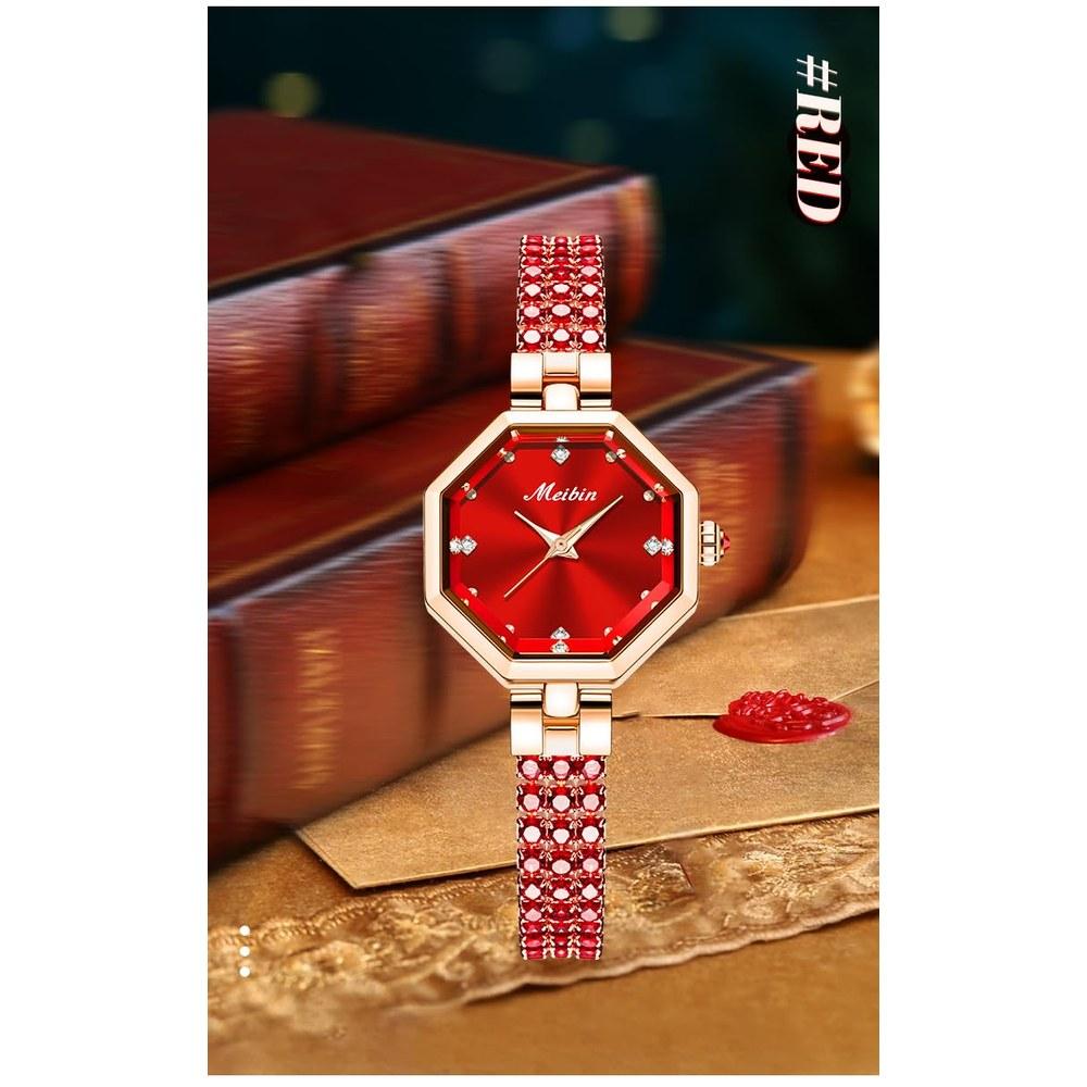 deselon Women's Square Crystal Bracelet Watch Stylish Waterproof Red