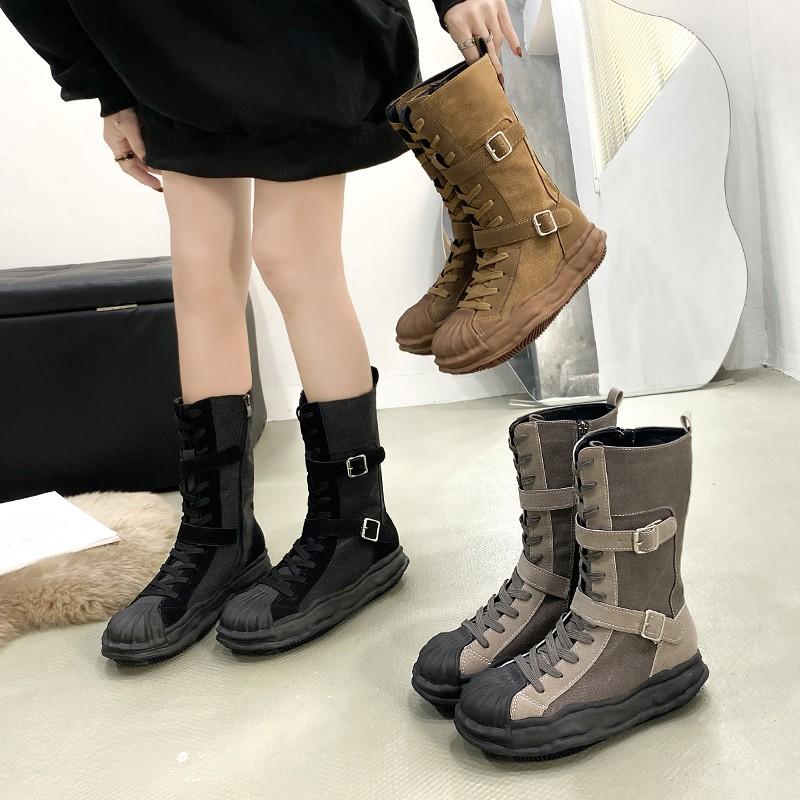 Fashion Outdoor Roman Style Women's Flat-bottomed Boots Winter Retro Style Suede Canvas Stitching Fashion Zipper Design Fashion Boots