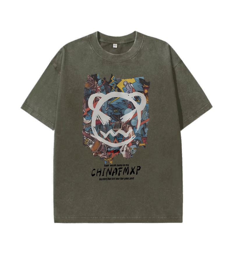 Hip hop washed and worn round neck short sleeve T-shirt fried snowflake retro loose drop shoulder hipster