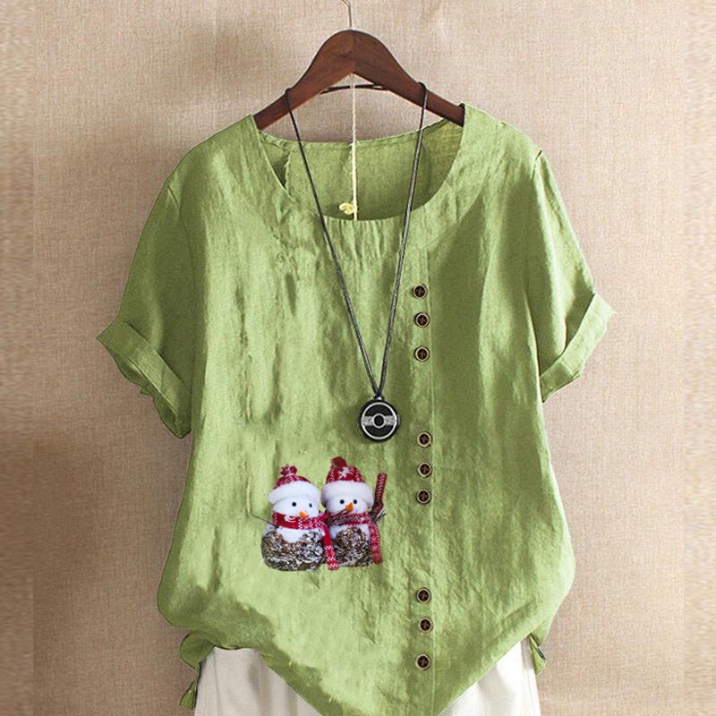 Women's Fashion Round Neck Short Sleeve T-shirt Casual Cotton Linen Graphic Shirt Leisure Loose Snowmen Prined Summer Blouse Tops