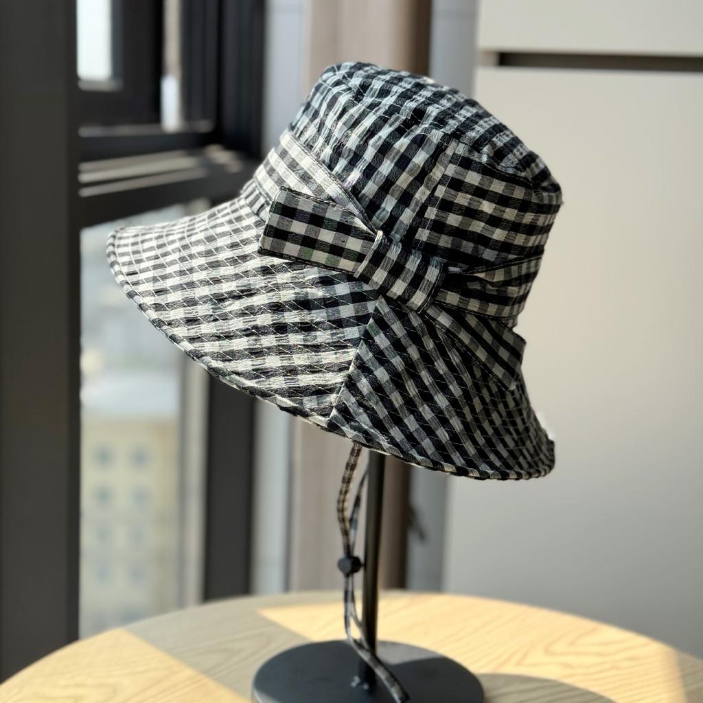 New Korean-style plaid fisherman hat for women, spring and summer, large brim, makes the face look smaller, floral pattern, sun protection hat