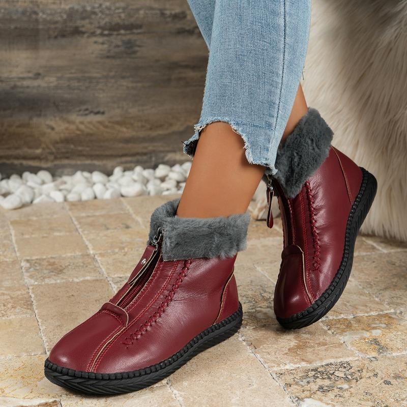 Fashion Mom's Cotton Shoes 2024 Winter New Fashion Waterproof Snow Boots Female Plush Warm Front Zipper Soft Sole Flat Women Ankle Boots