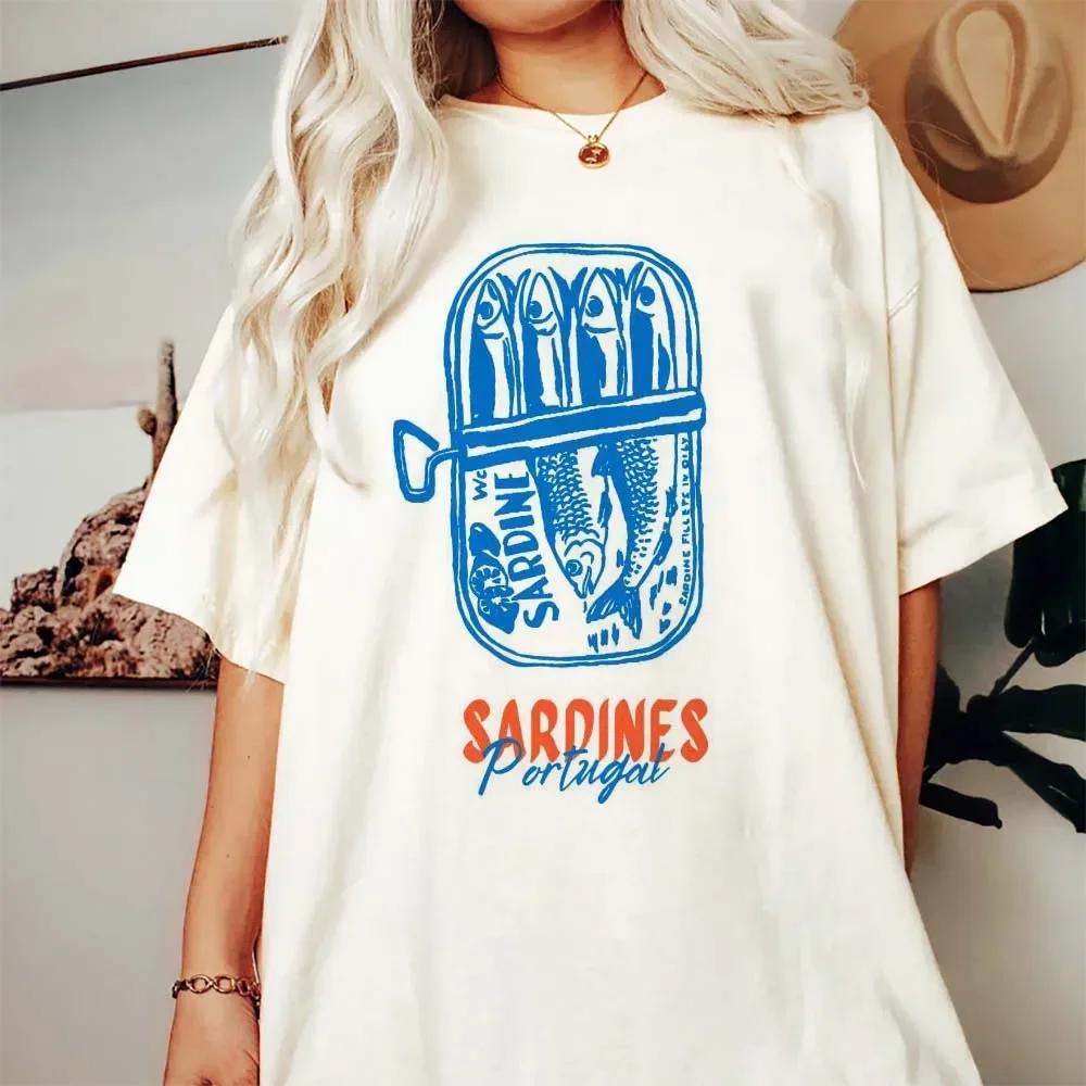 Pattern Retro Sardines Portugal Tinned Fish Printed Street Women's Summer Travel Vacation T-Shirt Cute Style Printed T-Shirt