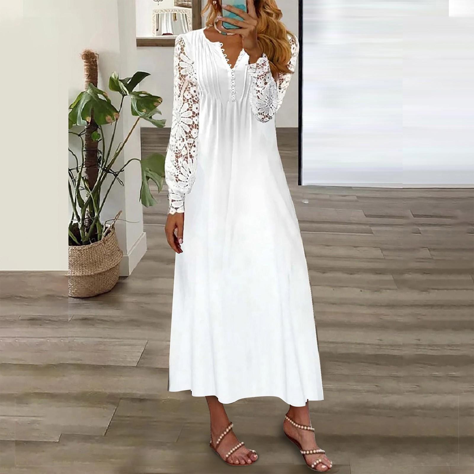 

Women s Lace Splice Long SLeeve Dress Summer Dress Party Dress Button V Neck Dress Printed Long Dress XL белый