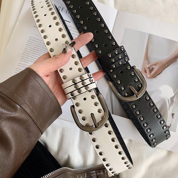 Black Rivet Skinny Waist Belt Set: Women's American Retro Accessory for Dresses and Pants - Sweet and Cool Style.