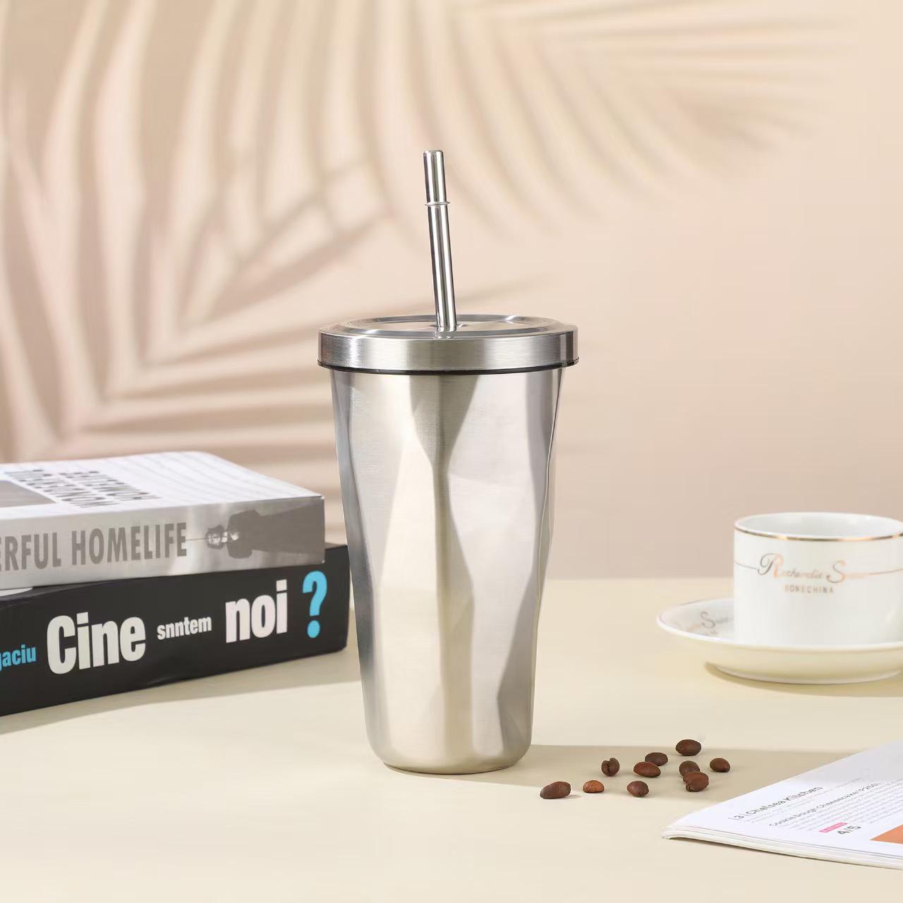 Rhombus Gradient Stainless Steel Insulated Cup with Straw 500ml