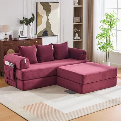 Modular Corduroy Compression Sofa with Ottoman, Metal Frame, Side Pocket and 3 Cushions – Thick Padding, Combinable and Versatile. Burgundy