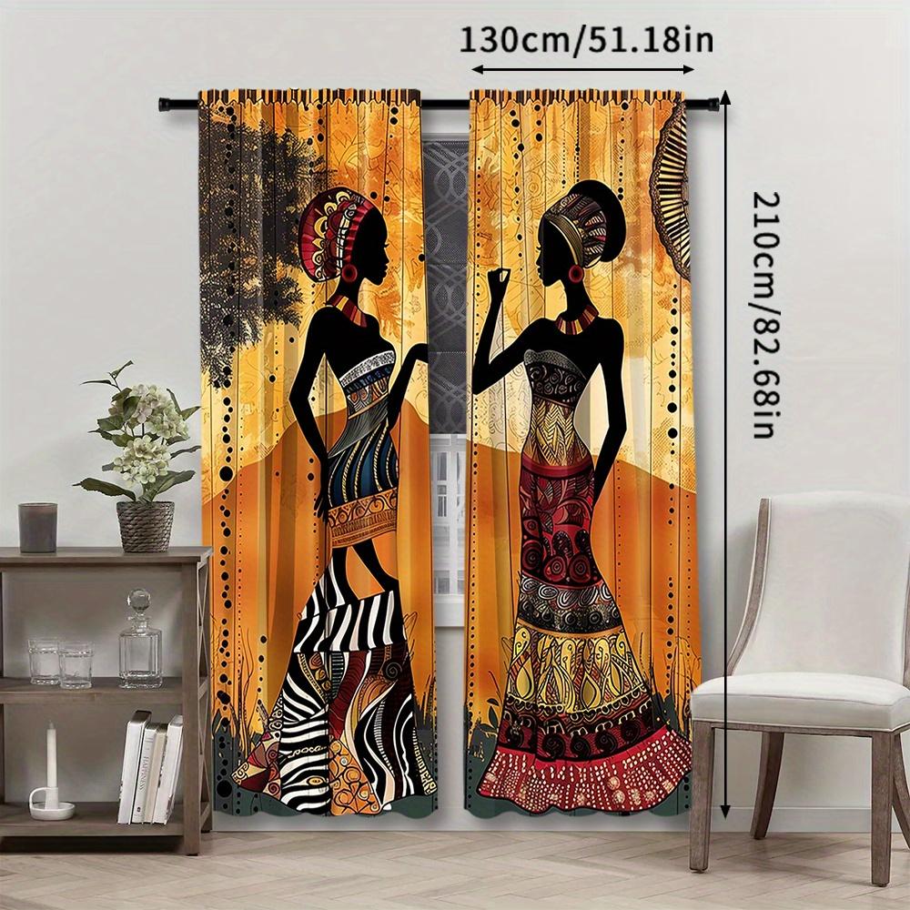 African Women Print Rod Pocket Window Curtains - 2pcs Woven Polyester Pongee Decorative Panels for Bedroom   Living Room and Offi