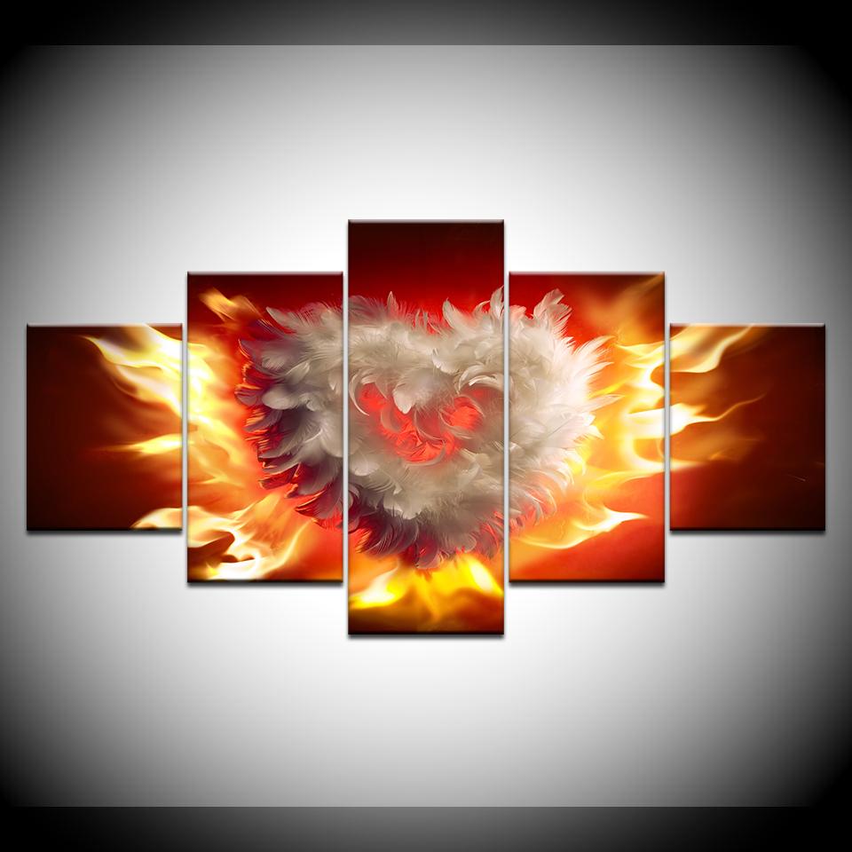 Canvas Painting Heart Fire 5 Pieces Wall Art Painting Modular Wallpapers Poster Print for Living Room Home Decor