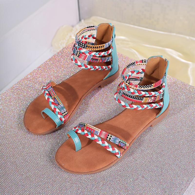 

Летние новые богемные сандалии на плоской подошве для женщин, винтажные разноцветные ленты, гладиаторские сандалии, женские сандалии на молнии сзади, римские сандалии 42 синий