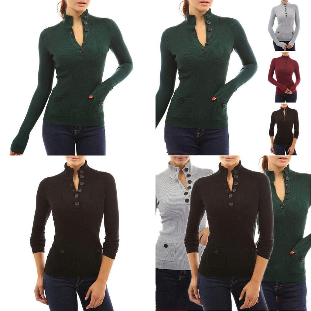 Top casual a collo alto a maniche lunghe da donna, maglione in maglia, T-shirt con bottoni, camicetta, in tessuti di alta qualità per il comfort di tutto il giorno