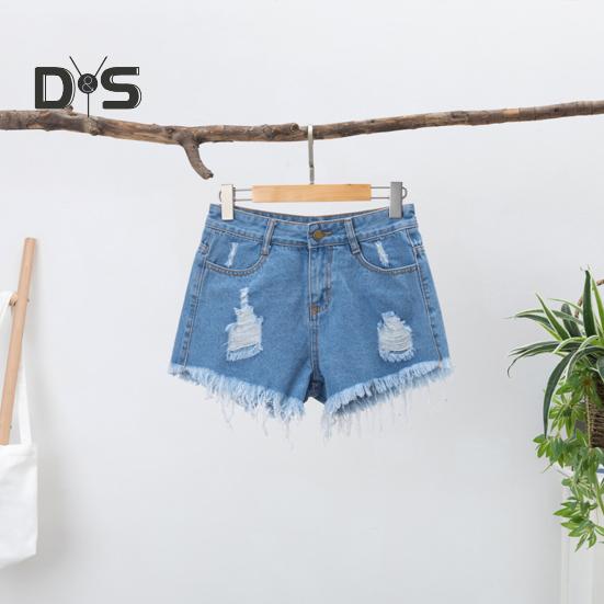 Women Denim Shorts Ripped Hole High Waist Button Zipper Closure Loose Fit A-line Plus Size Pockets Short Jeans Lady Dating Beach Shorts