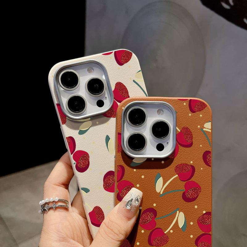 Cherry Print Slim Matte for Magsafe Case For iPhone 16 Pro Max 15 14 Pro 13 12 11 TPU Leather Texture Shockproof Soft Magnetic Phone Cover