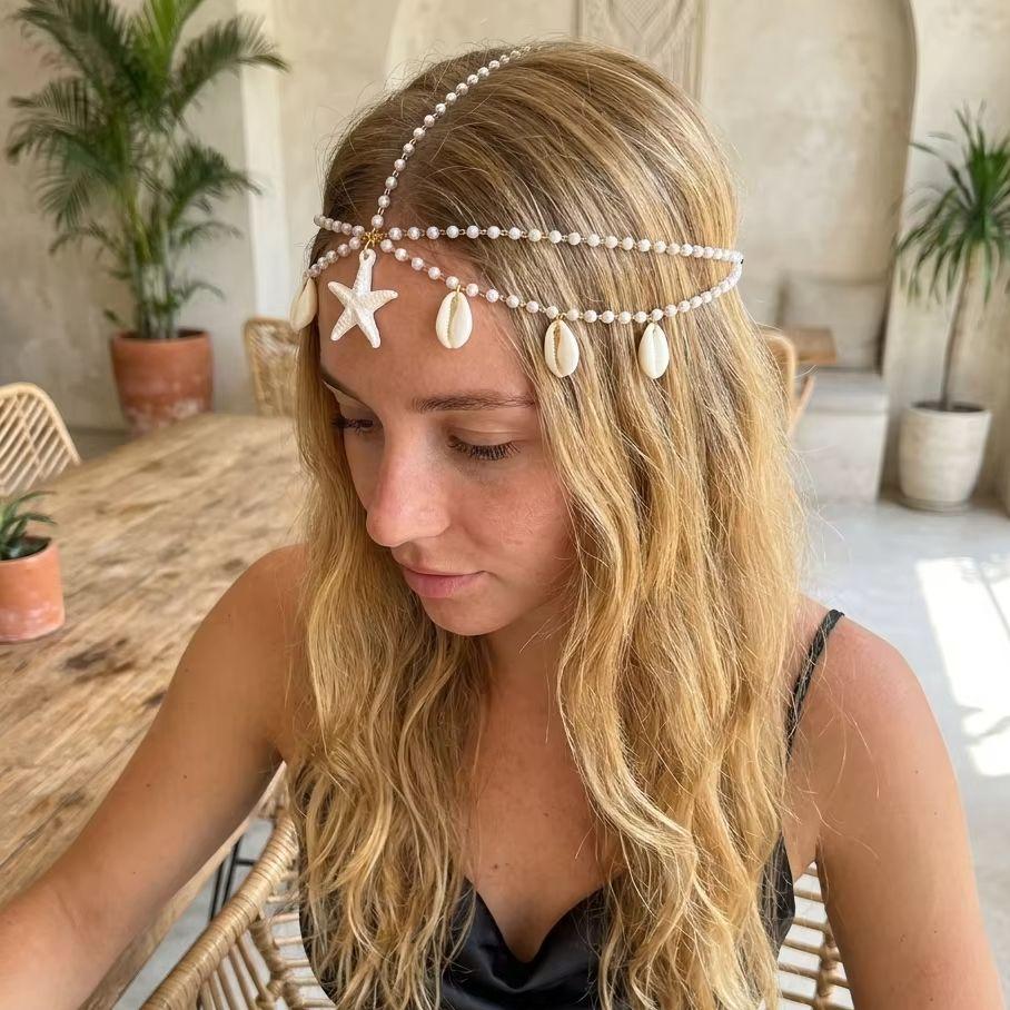 Catena per Capelli Boho Stile Oceano Stella Marina Conchiglia per Donne Moda Frangia con Perle Finte Accessorio per Capelli Vacanza al Mare Gioiello per Capelli Quotidiano