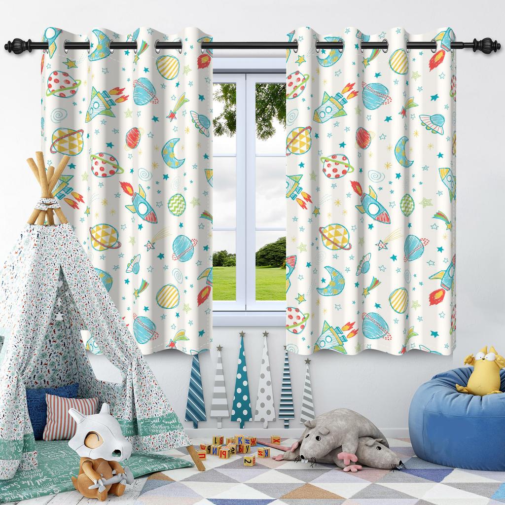 2pcs Moon Stars Window Curtains Children Bedroom Home Living Room Decoration Blackout Curtain Heat Insulation Noise Reduction