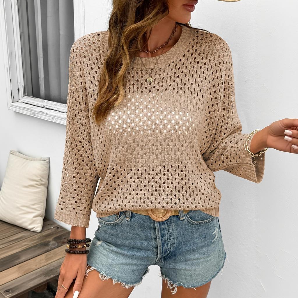 Top in Maglia da Donna Colorato con Scollo Tondo Lavorazione a Intreccio Manica 3/4 per Spiaggia e Uso Casual