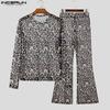 Zweiteiliges Sommer-Set für Herren aus transparentem Netzstoff mit Leopardenmuster, durchsichtige Hose, Club-Outfit