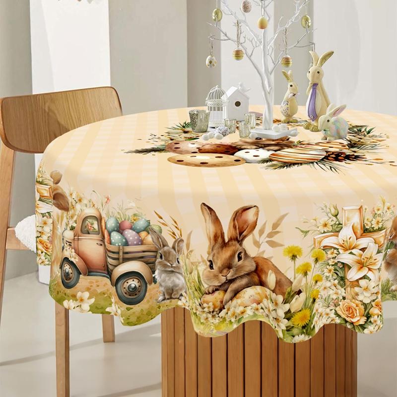 Vintage Easter Bunny Eggs Tablecloths Holiday Party Decor Spring Floral Rectangle/Round Table Cover Easter Decorations for Home