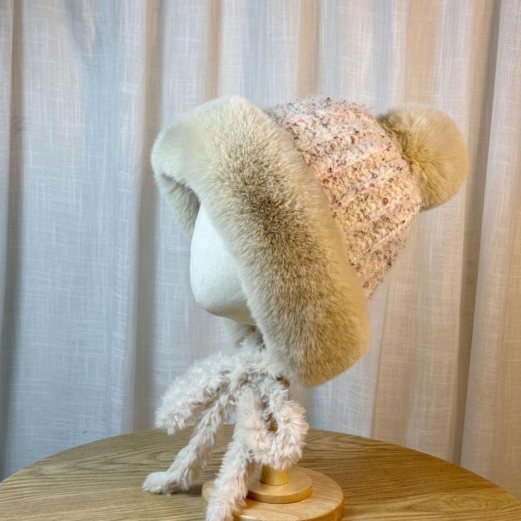 Winter Plush Brown Knitted Lei Feng Hat for Women Double Sided Velvet Warm Ear Protection Hat Versatile and Sweet Pullover