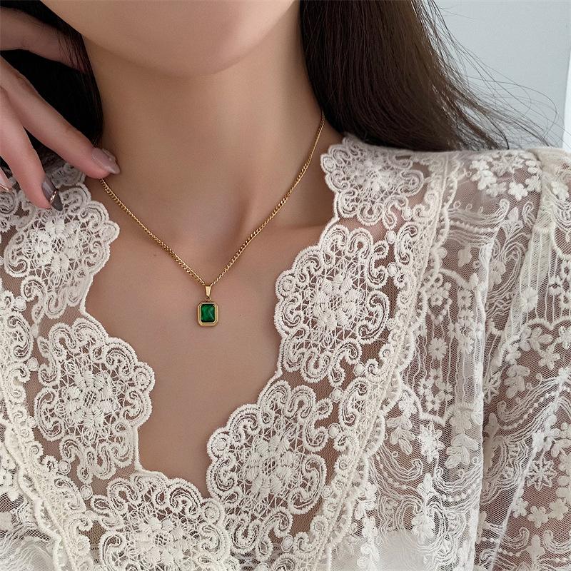 Blue-Green Champagne Gemstone 18K Plated Titanium Steel Retro Necklace - Trendy European American Style for Women and Couples.