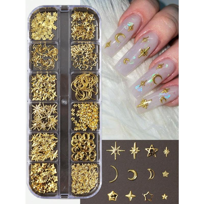 12 Grids Gold Moon Star Metallic Nail Charms 3D Y2K Jewelry Rhinestones Steel Ball Nail Art Decoration Manicure Supply Diy Nail Supplies