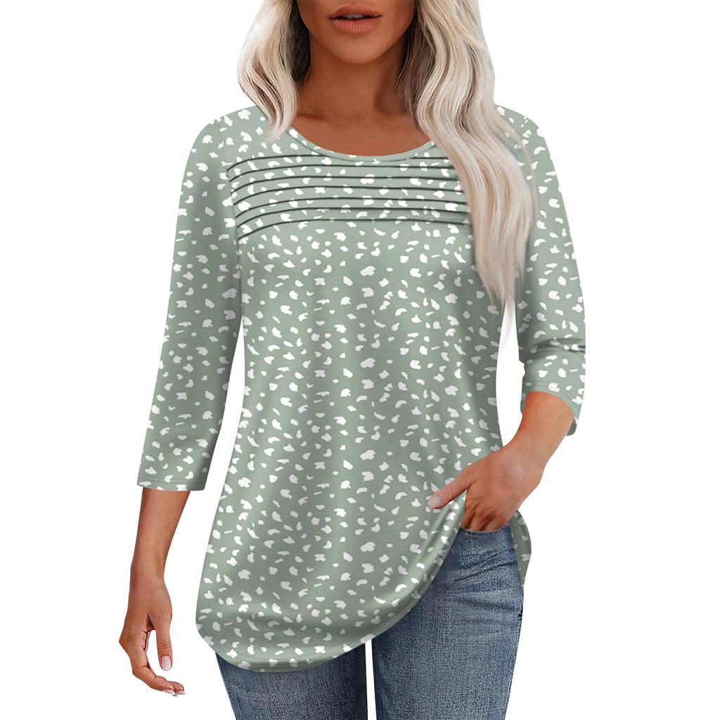 Top de damă la modă cu gât rotund, cu pliuri pe fenta din față și mâneci 3/4