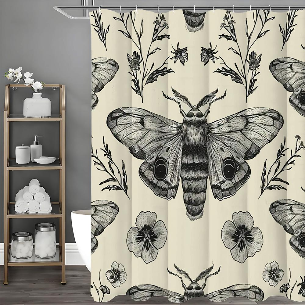 Moth Floral Shower Curtain, Bathroom Decorative Shower Curtain, Waterproof Shower Curtain with Hooks