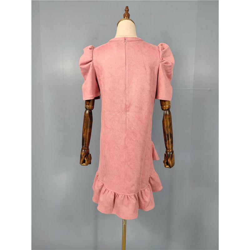 Export Single 2025 Fall and Winter New Arrival Suede Fabric Puff Short Sleeve Loose Plaid Dress Asymmetric Skirt