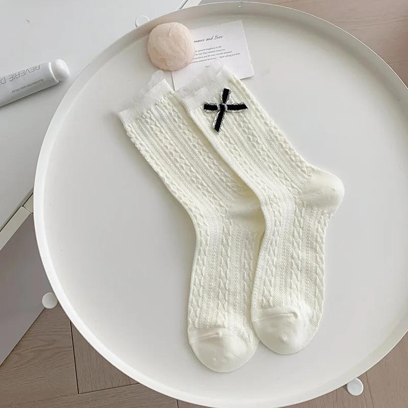 Polka Dot Socks Women Cute Bow Lolita Sweet Girls Lolita Kawaii Lace Ruffle Socks JK Japanese Style Girls Black White Long Socks