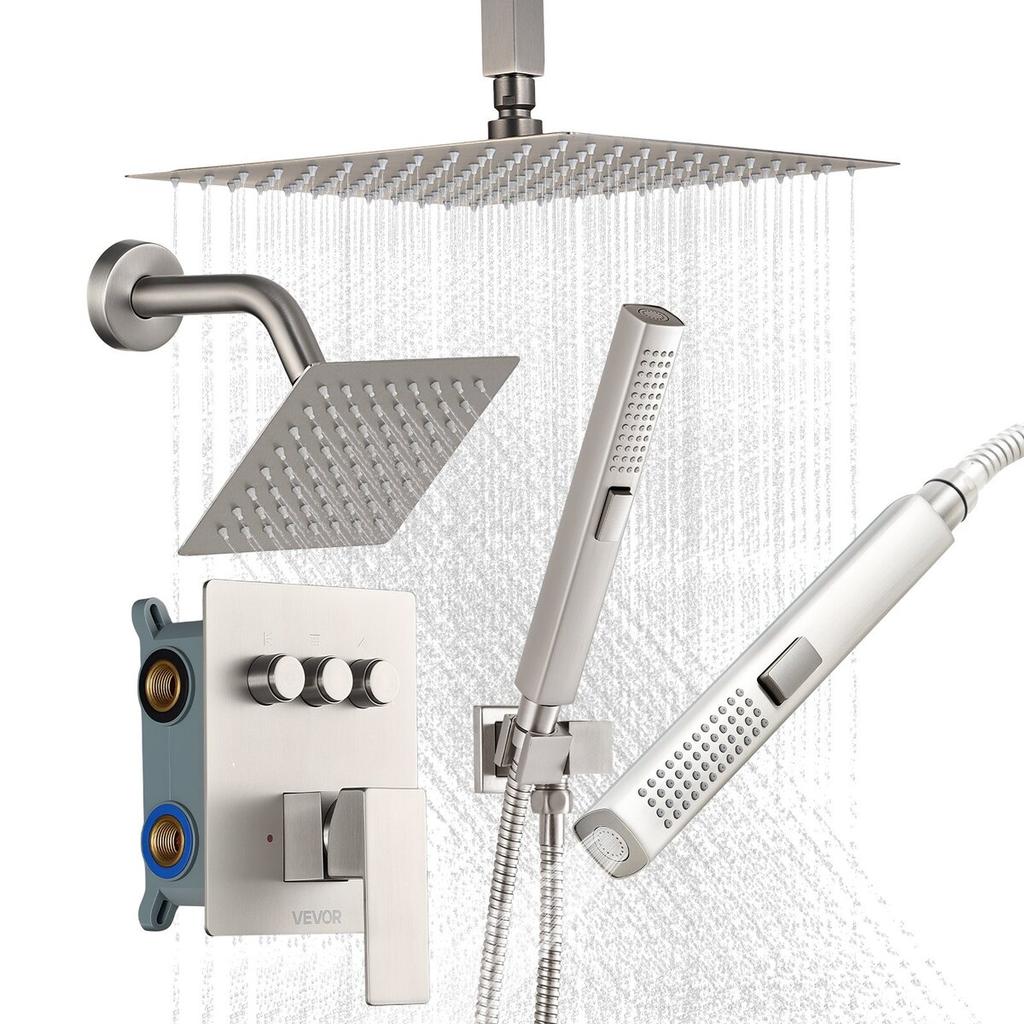 Shower Faucet Set, 254 Mm Ceiling Mount Rainfall Shower System with 152 Mm Wall Mount Head and 2 In 1 Handheld Spray, Rotatable 3-Function Dual Rain