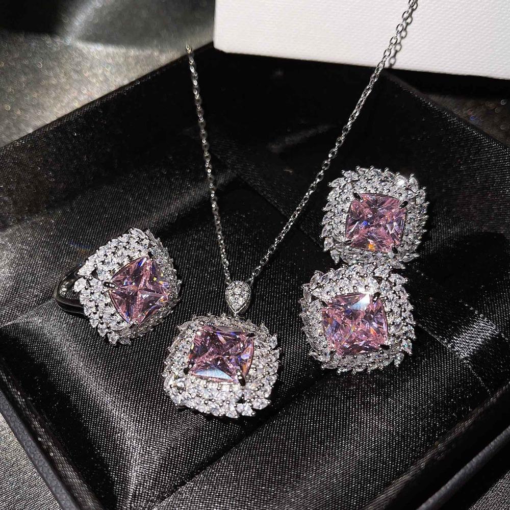 Luxury Women Jewelry Set with Asscher Cut Yellow Topaz Blue Argyle Pink Ring Earrings Pendant