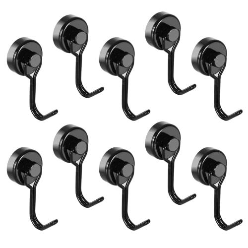 Set of 10 Stainless Steel Magnetic Hooks, Waterproof and Rustproof, 15kg Vertical Load Capacity, 20mm Diameter, Black, for Storage, Bathroom, Kitchen,