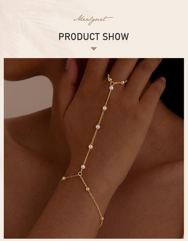 CZ Charms Chain Bracelet with Finger Ring, Fashion Wrist Jewelry for Women Gift, Cubic Zirconia Pearls Beaded Minimalist Jewelry