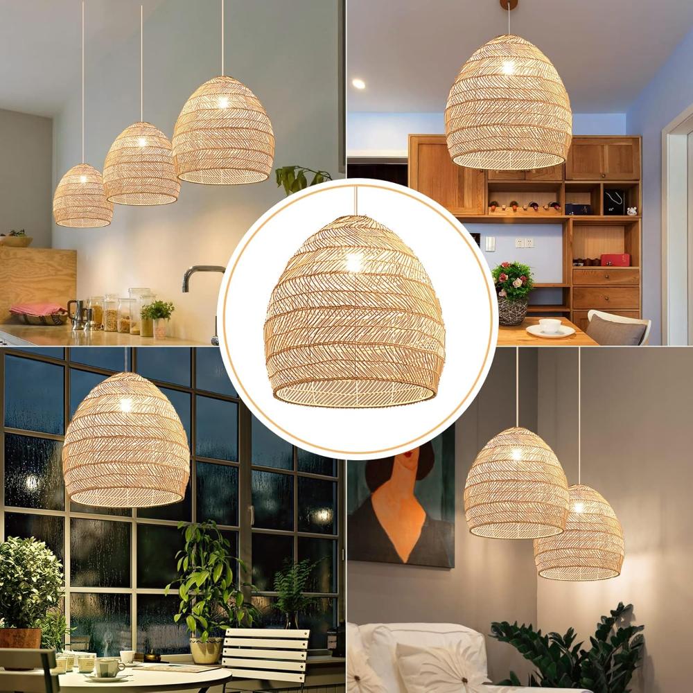 Rattan Woven Pendant Light Shades,Kitchen Island Pendant Light,Handmade Hanging Lamp Crafts Lampshade for Living Dining Room