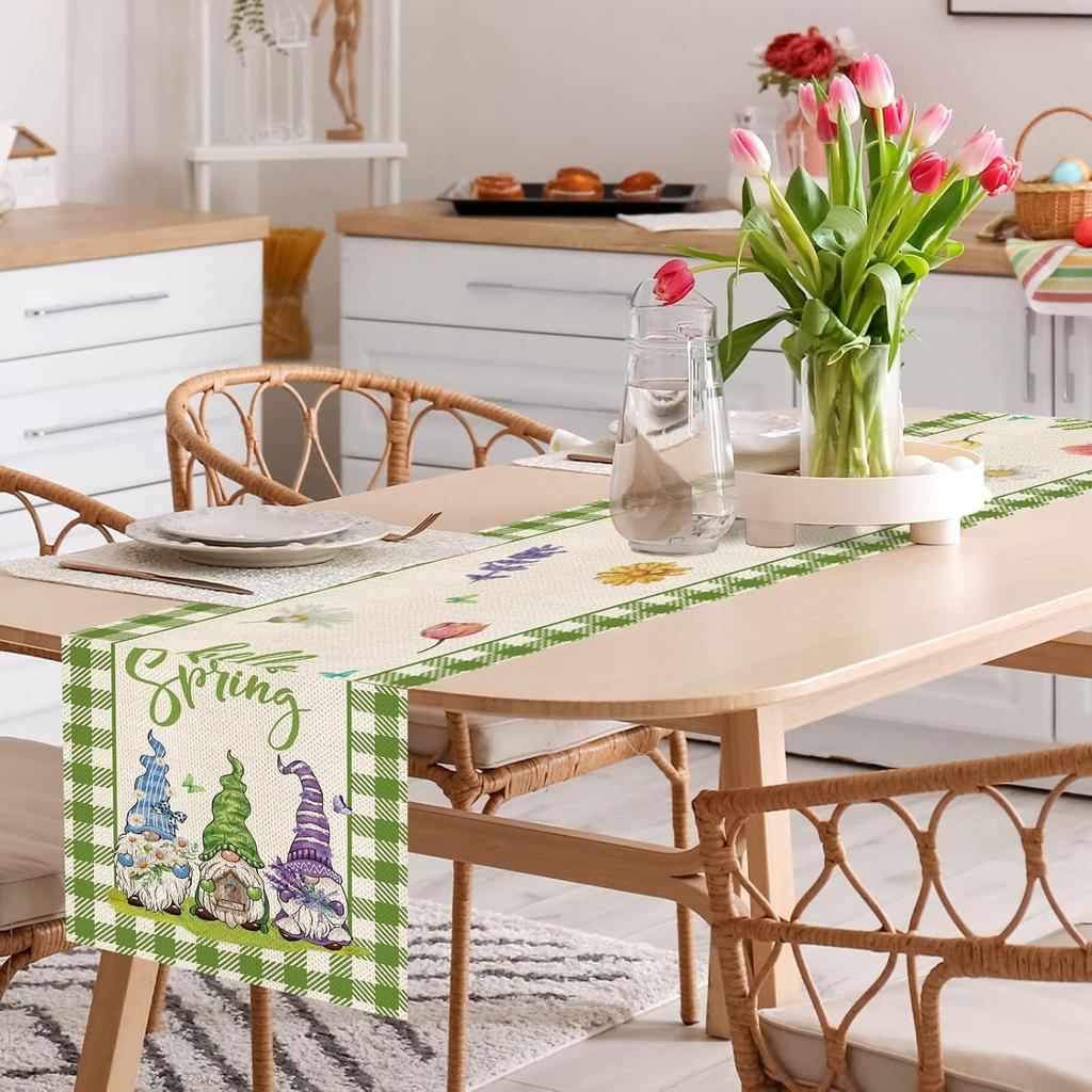 Hello Spring Gnomes Green Buffalo Plaid Table Runner 72 Inches Long, Gnome Decorations for Home, Burlap Spring Easter Floral Table Decor for Kitchen