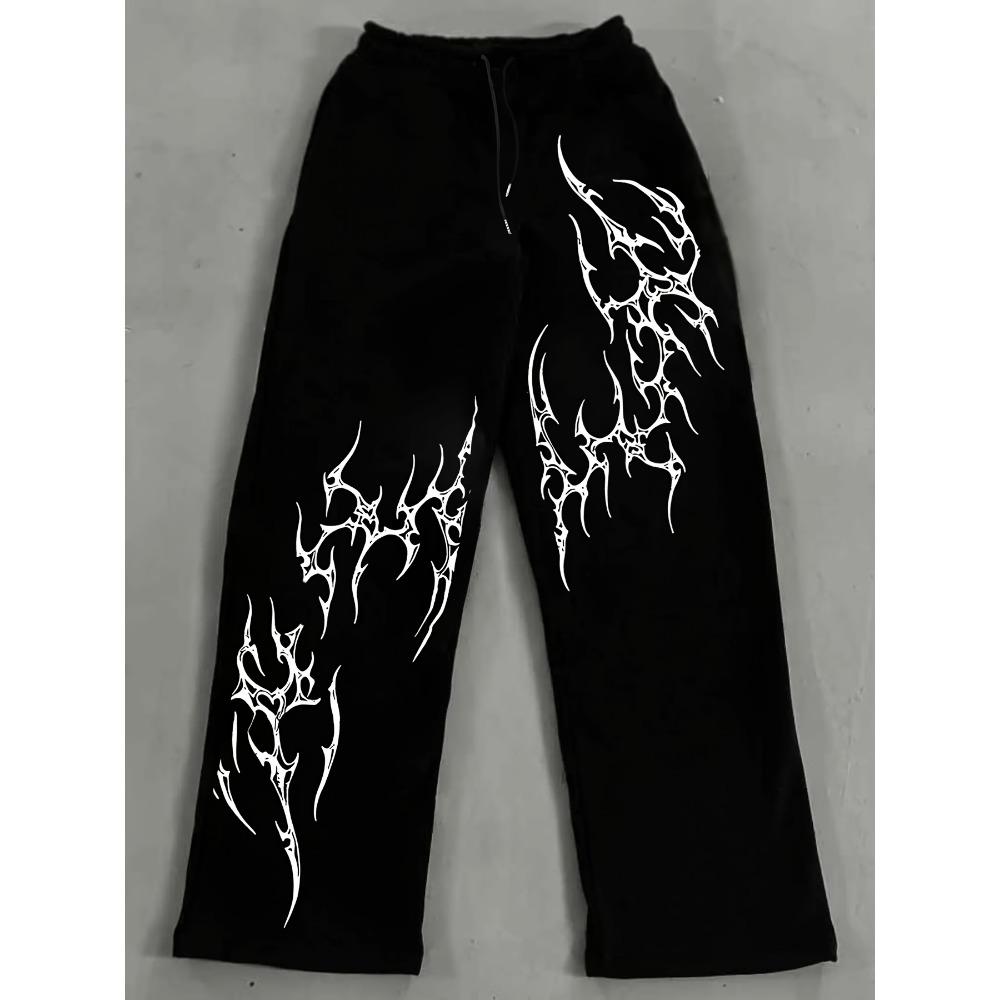 

Men s Casual Black Sweatpants Wide Leg Design with White Tribal Flame Patterns, Drawstring Waist Baggy Fit Streetwear Fashion XXL